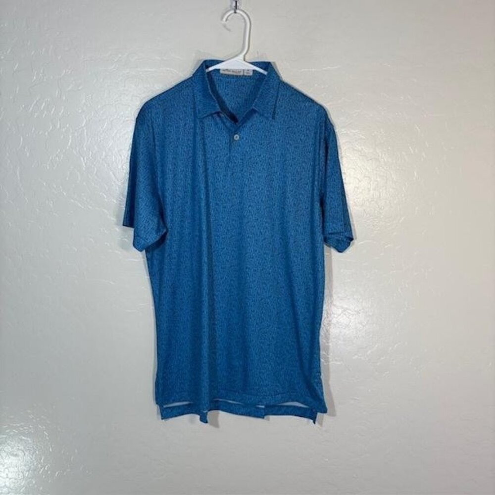 Peter Millar Polo Shirt Mens Medium Blue Featherweight Golf Bottle Print Allover